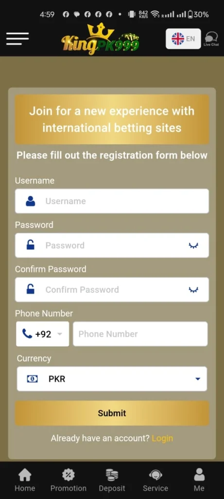 king pk 999 game registration screenshot