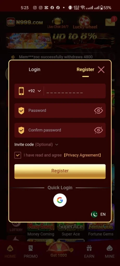 N999 Game Registration Screenshot