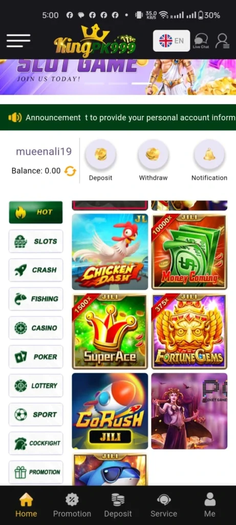 Kingpk999 Game interface screenshot