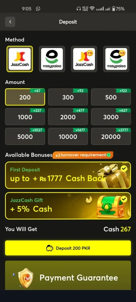 9Pkr Game deposit screenshot